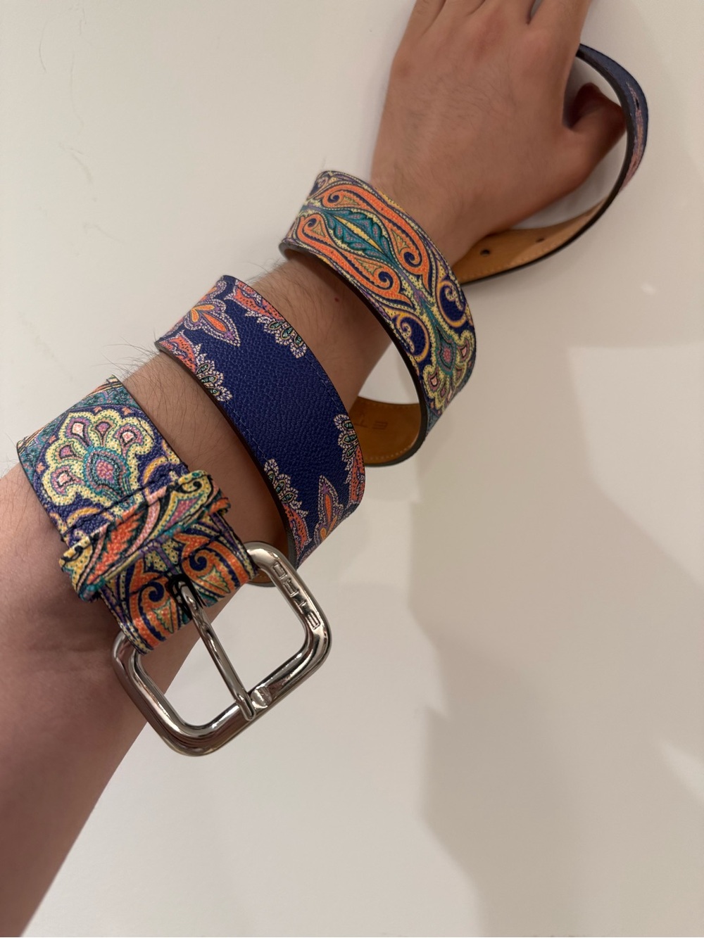 Etro men’s Blue Paisley Leather-Trim Belt